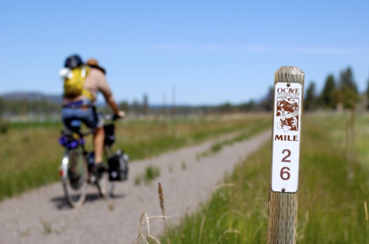 Cyclists enjoy a scenic ride on a section of the OC&E Trail in Klamath County, Oregon