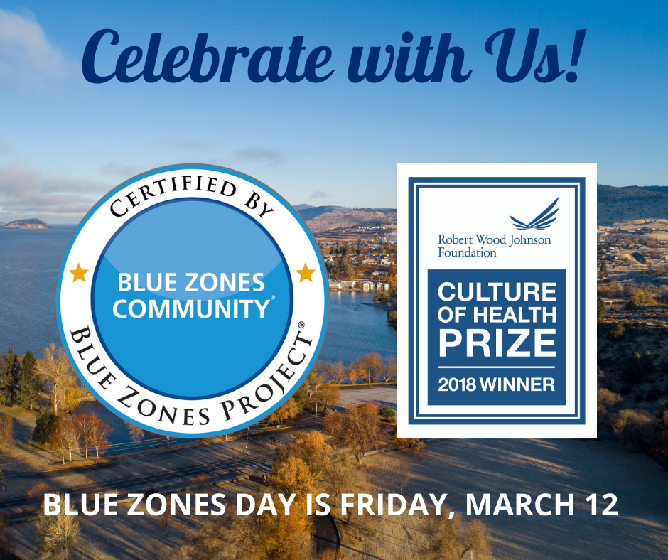 Aerial view of Klamath Falls with the Blue Zones Community seal and Culture of Health Prize 2018 Winner icon